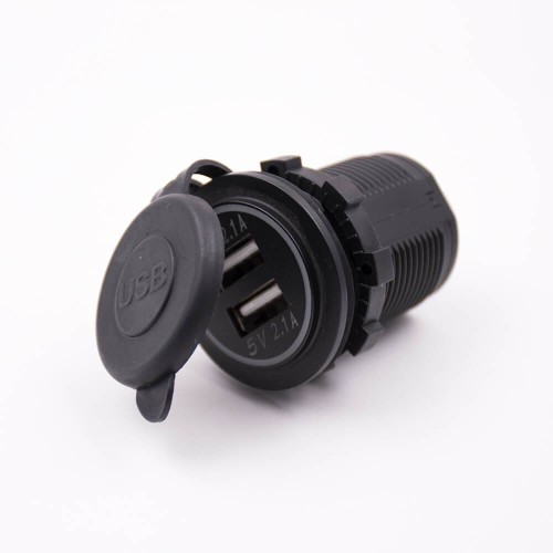 USB Car Charger Dual Port Round Socket Through Hole 4.2A With Dust Cover