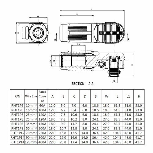 High Current Waterproof Connector Female IP67 400A 120mm² 14mm 1 Pin Plastic Red Cable Right Angle Plug