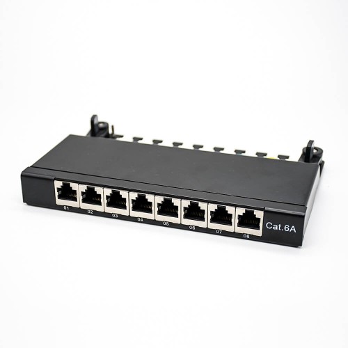 Patch Panel Cat6a RJ45 Keystone Jack 1u 8 Ports Black Shield