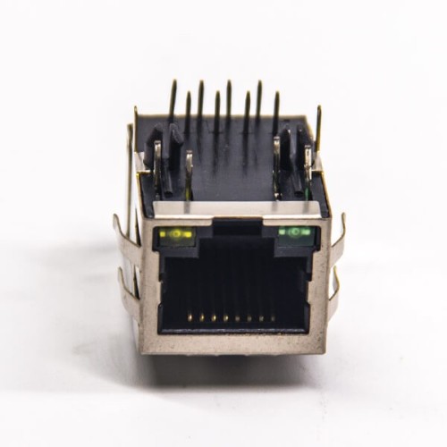 RJ45 PCB Mount Socket with EMI and leds 8p8c Right Angled