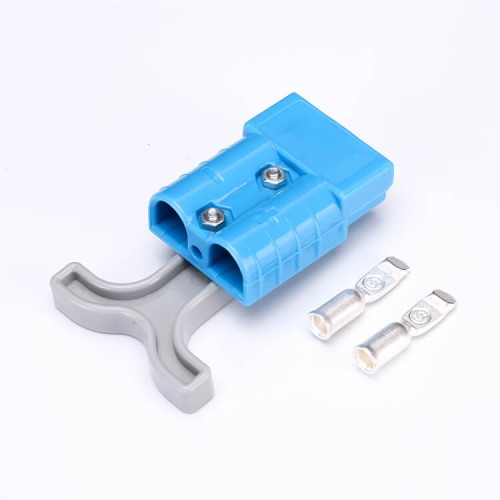 2 Way 600V 50Amp Blue Housing Battery Power Cable Connector with Grey Plastic T-Bar Handle