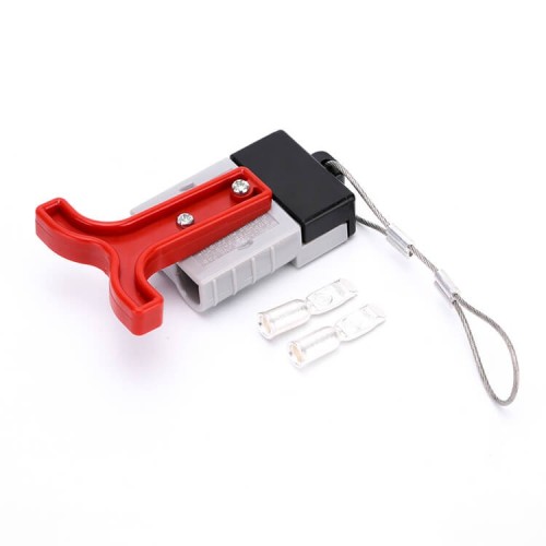 600V 50Amp Grey Housing 2 Way Battery Power Cable Connector with Red Plastic T-Bar Handle and Black Plastic Internal Protective