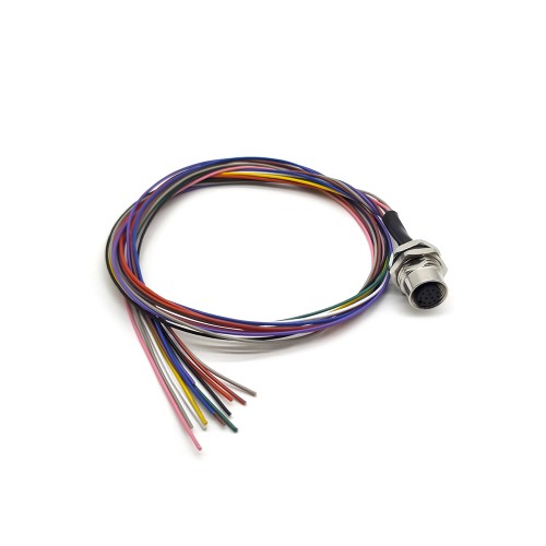 M12 12 Pin Female Connector Front Mount With Single Wire Harness 50CM AWG26 A Code Shiled