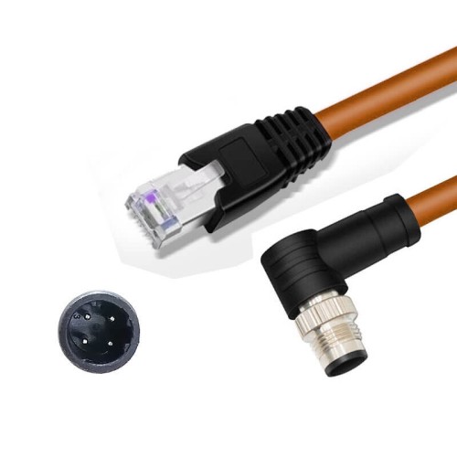 M12 4-pin D-Code Male Angled to RJ45 Male High Flex Cat6 Industrial Ethernet Cable PVC Twisted Pair Cable Orange