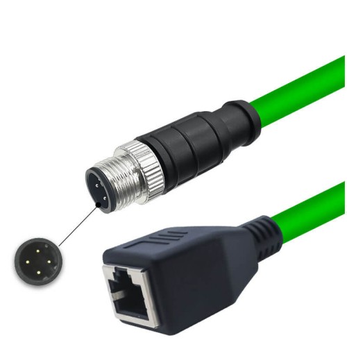 M12 4-pin D Code Male to RJ45 Female High Flex Cat6 Industrial Ethernet Cable PVC