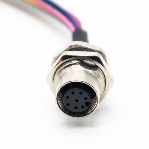 M12 8 Pin Panel Mount Connector A-Coded Female With Pigtails 0.5 meter AWG24 Fixing thread PG9