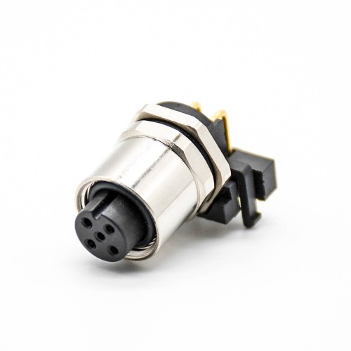 M12 Female Panel Mount Connector Right Angle 5 Pin A Coding PCB Mount Waterproof Back Mount