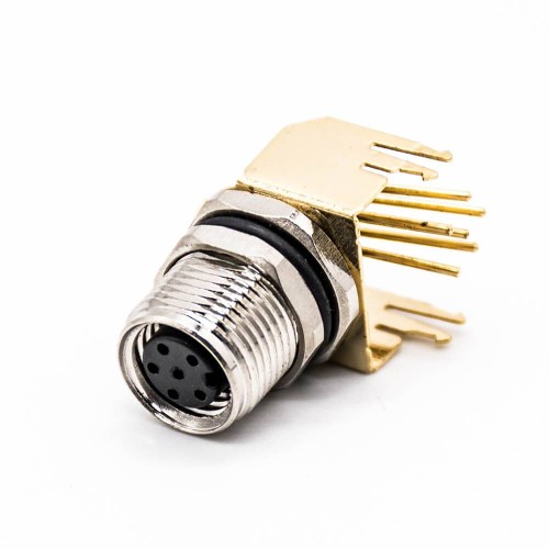 M8 Connector Right Angle 6pin Female A Code PCB Mount Front Mount With Gold-plated Bracket