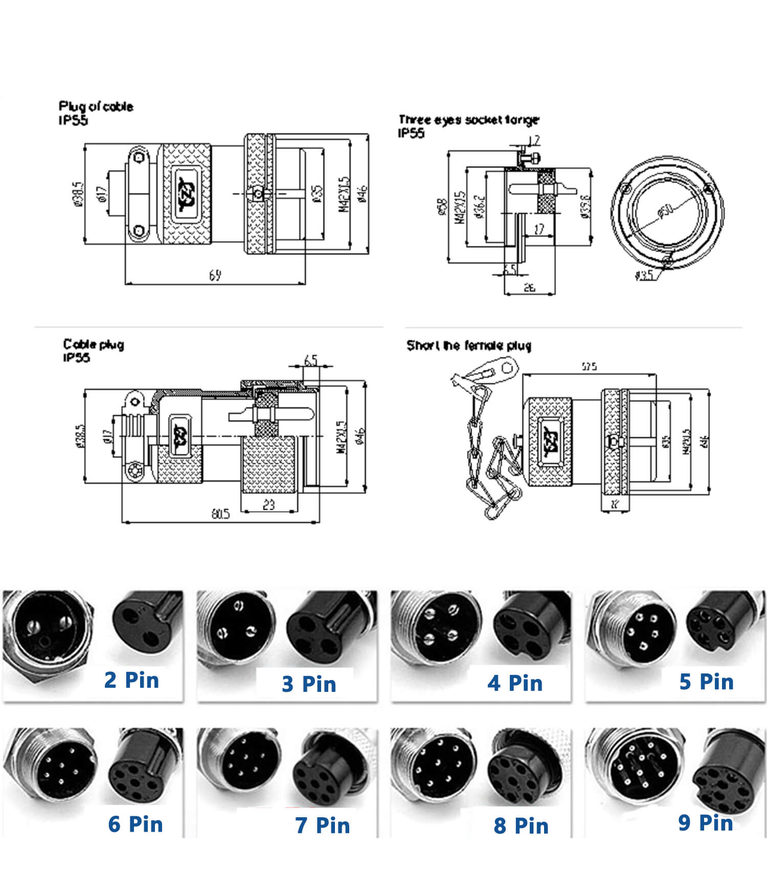 2 Pin Aviation Connector and GX40 3 Holes Flange Reveser Female Connector