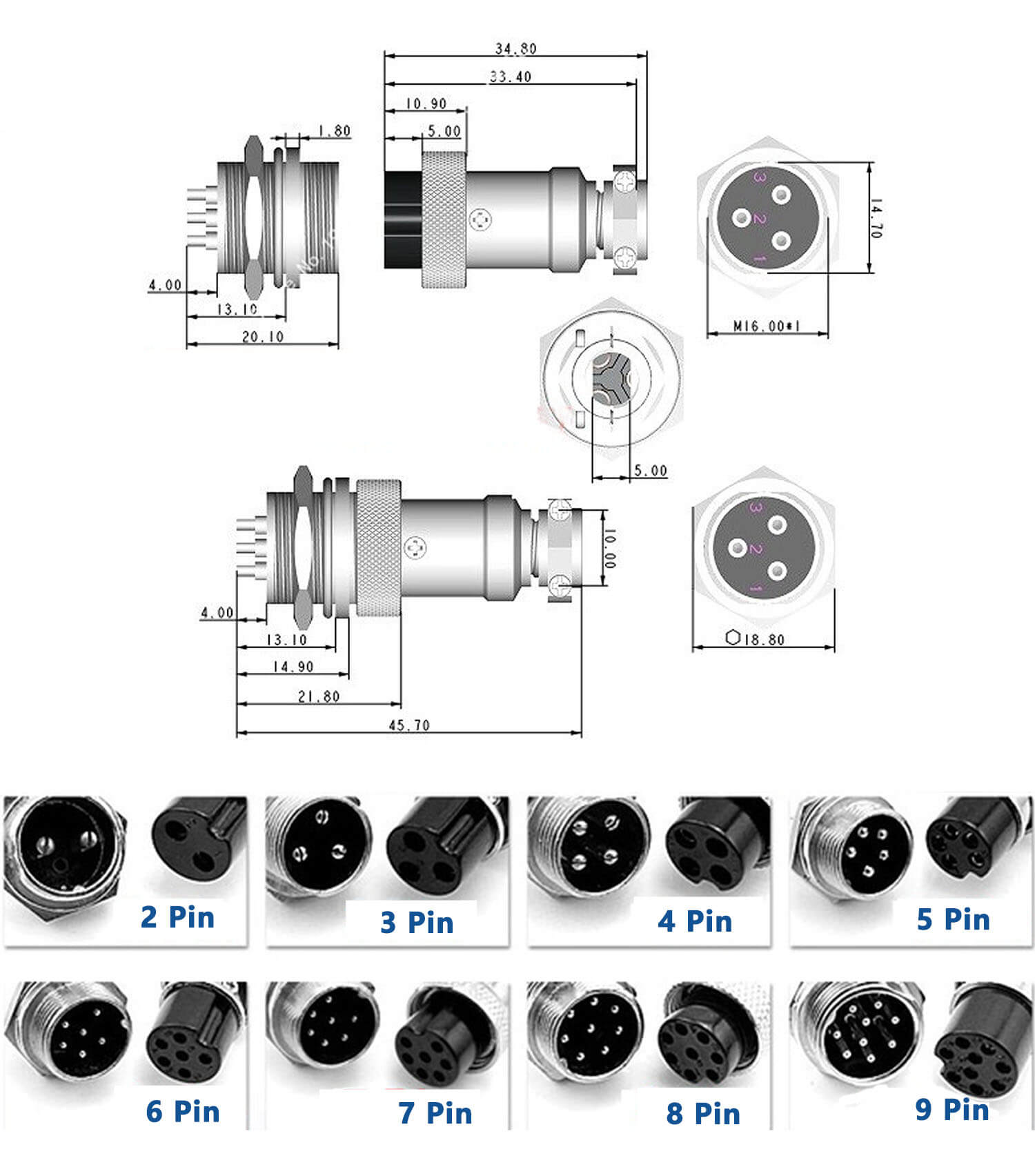 GX16 2 Pin Connector Reverse Straight Male Plug For Cable