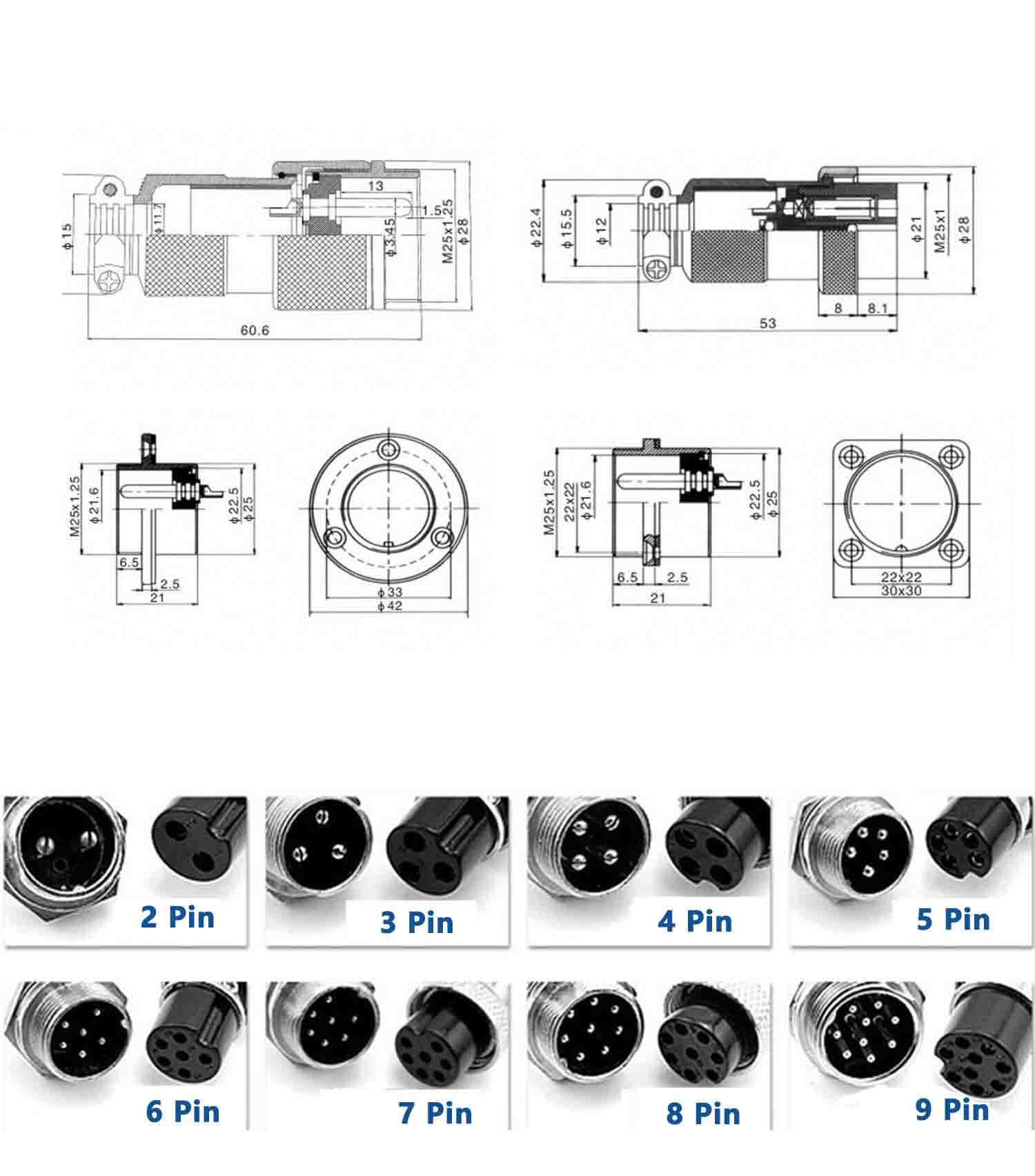 10pcs Round Aviation Connector GX25 5 Pin Male Female Straight Panel Mount Connector