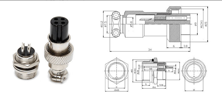 GX16 2 Connector Panel Mount Straight Socket Male for Cable