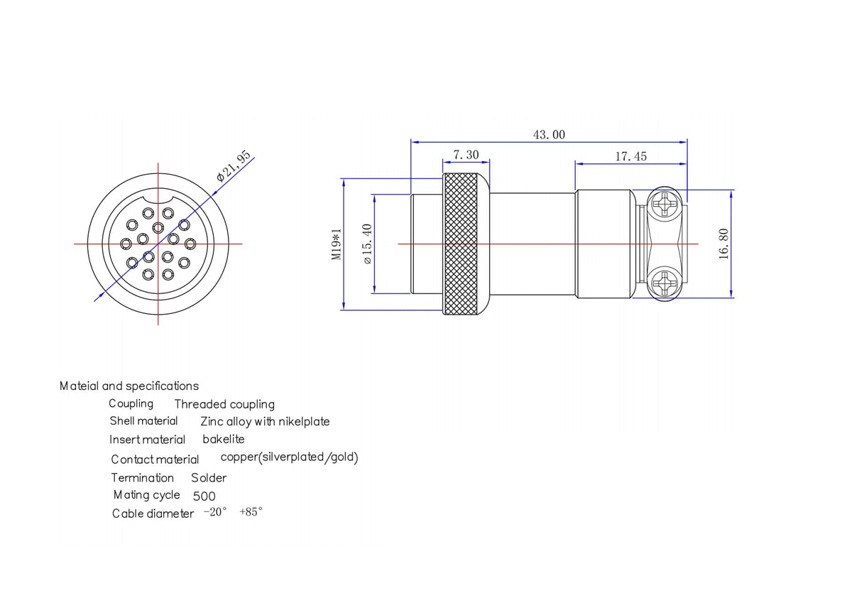 Circular Connector 15 Pin Male Socket and Female Plug GX20 Bulkhead