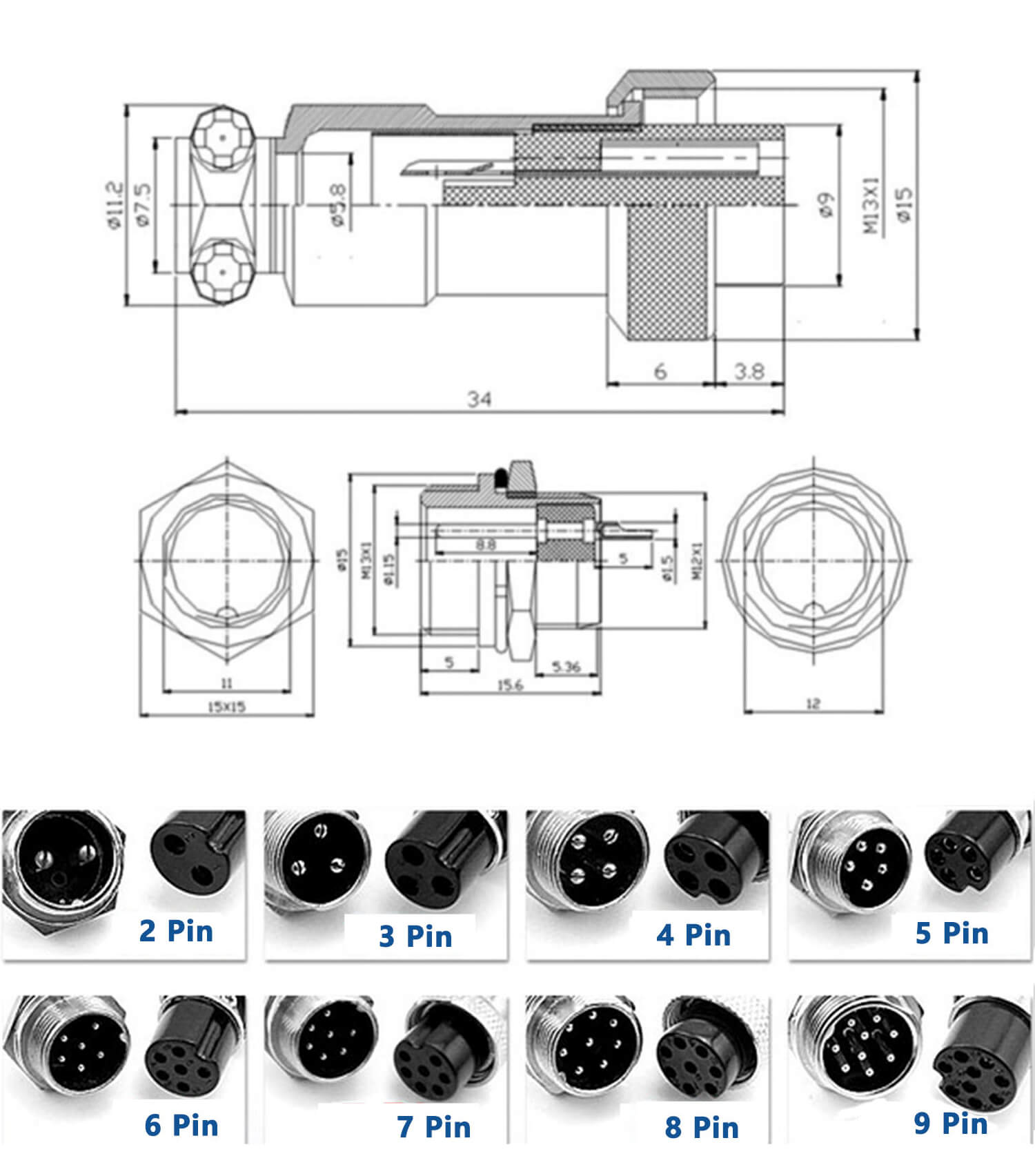 10pcs 3 Core GX12 Connector Cordset Female Plug with 1M Electrical Cable