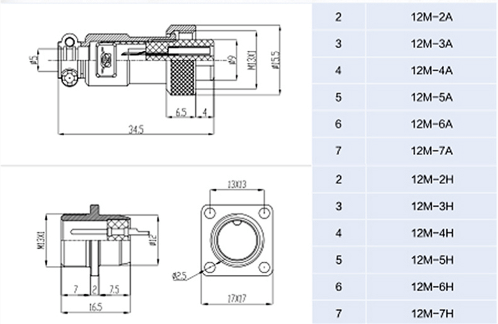 12mm Metal Square Flange Mount GX12 3-Pin Connector Male Socket