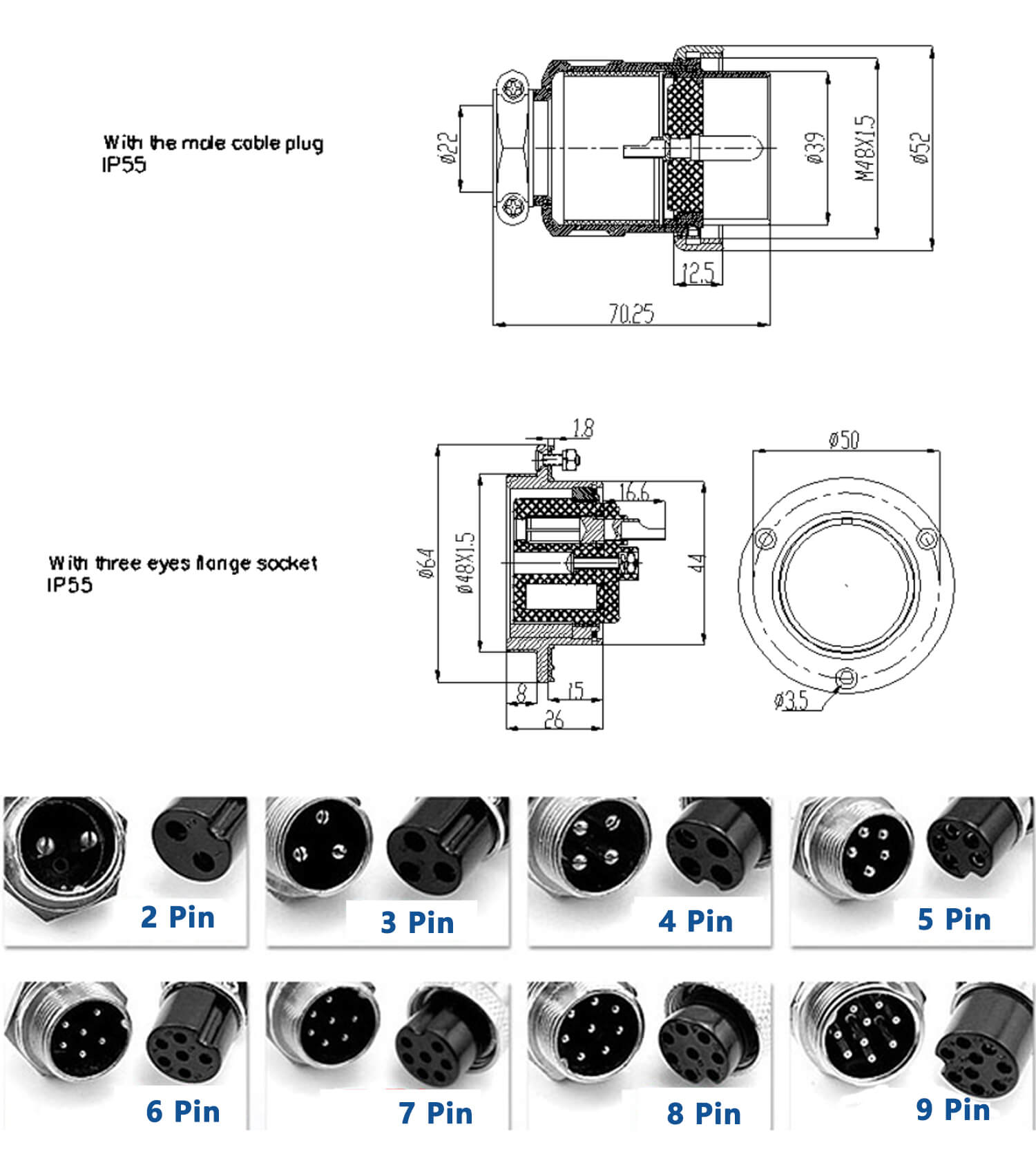 4 Pin Aviation Connector GX48 Straight 3 Holes Flange MalePanel Receptacles