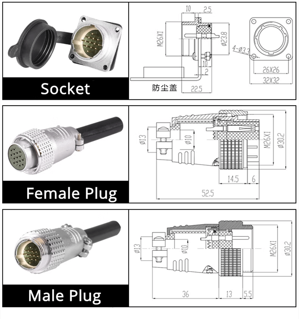 19 Pin Plug Male and Female Docking Cable Connector TP24 Straight Cable Plug