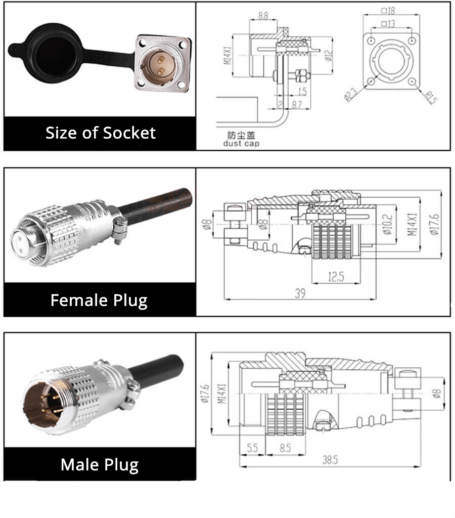 TP12 3 Pin Male Socket 4 Hole Flange Connector Solder Cup For Cable With Rubber Dust Cap