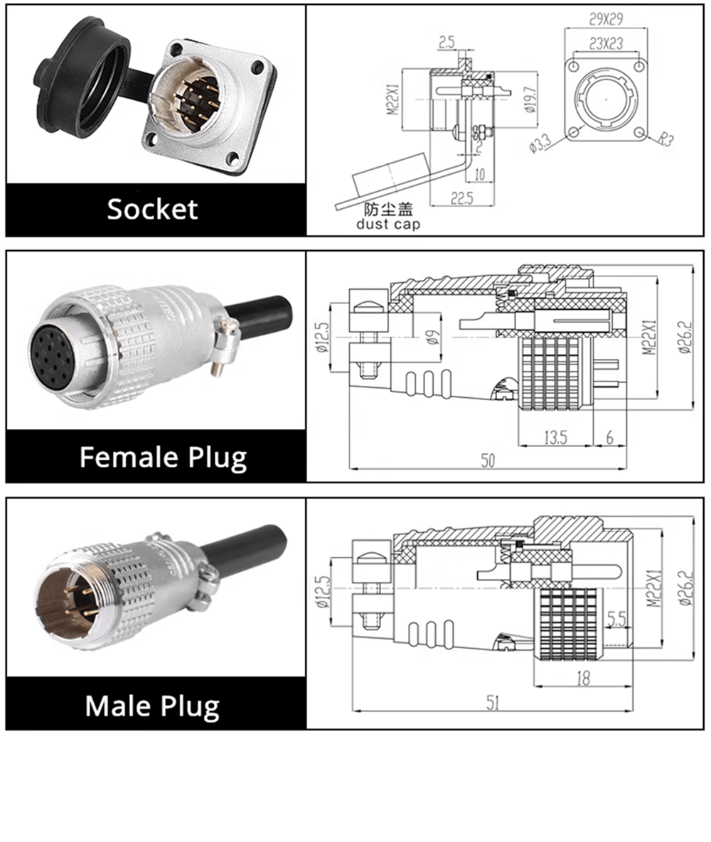 12 Pin Plug Male and Female Docking Cable Connector TP20 Straight Cable Plug