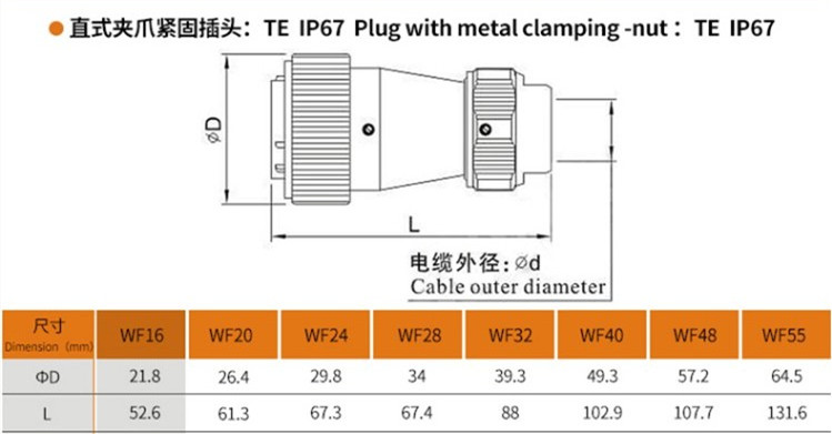 10pin TE Male Plug WF16 Straight Plug with metal clamping-nut Waterproof Connector