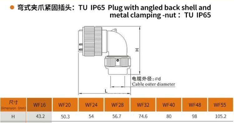 10pin TU Male Plug WF16 Plug with metal clamping-nut Right Angle Waterproof Connector