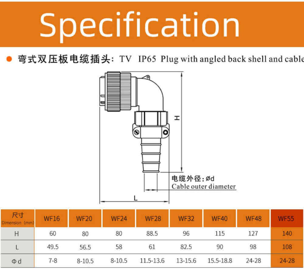 Aviation Waterproof Connector WF55/61pin TV+Z Bending Right Angle Male Plug and Female Receptacle