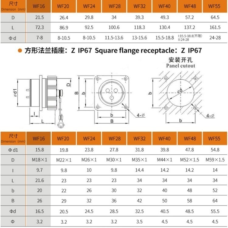 Aviation Waterproof Male Plug and Female Socket TI+Z WF16-2pin Straight cable square Socket Connector