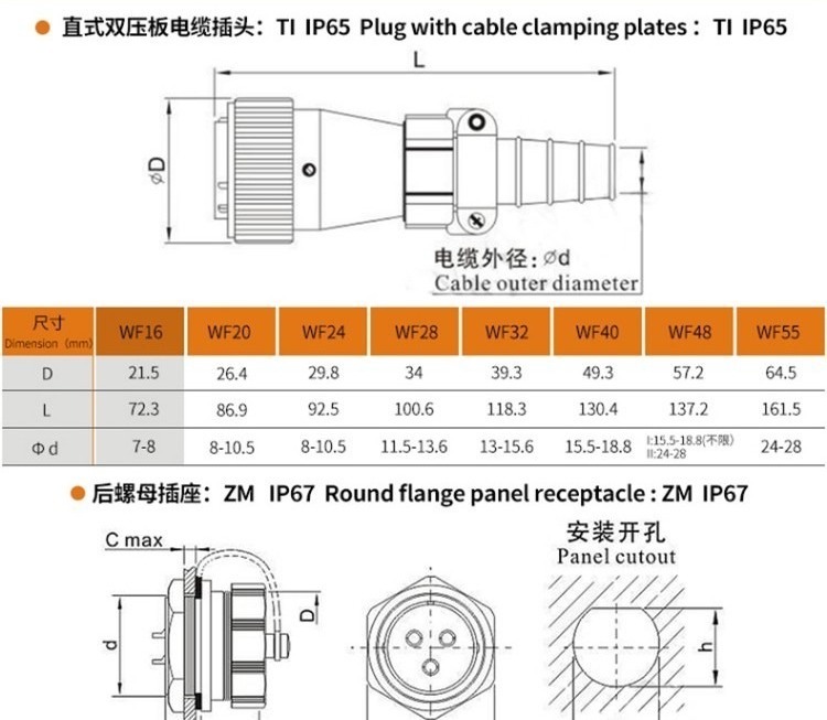 Male Plug and Female Jack Connector 7pin TI+ZM WF16 series Circular Waterproof Connector