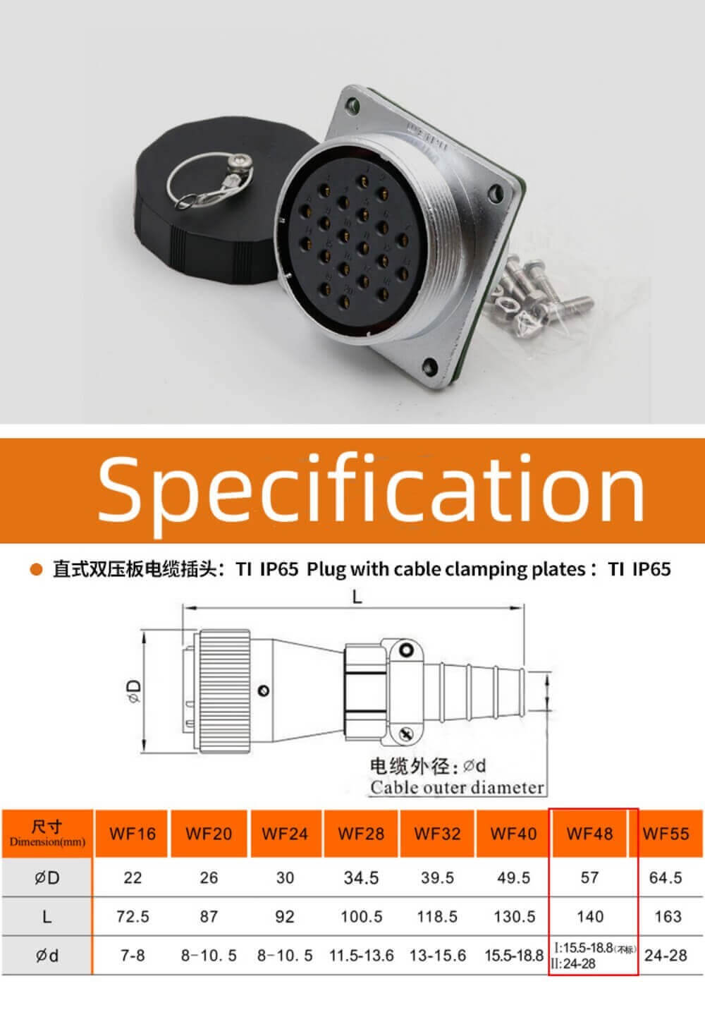 38pin Flange Socket and Straight Plug WF48 series TI+Z Male plug and Female Receptacle