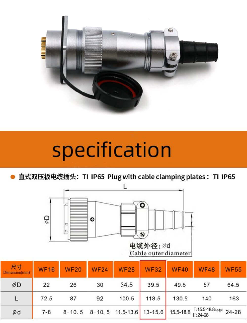 13pin Flange Socket and Straight Plug WF32 series TI+Z Male plug and Female Receptacle