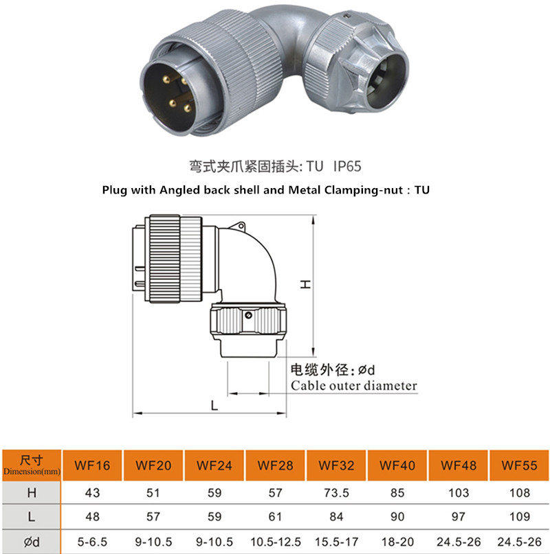 7pin TU Male Plug with Angled back shell and Metal Clamping-nut Plug WF20 Waterproof Connector