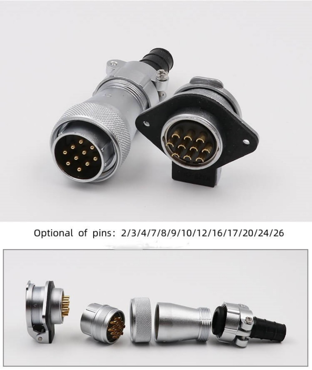 10pin TI+ZG WF28 2-hole Flange Socket with Cap and Straight Male Plug Aviation Waterproof Connector