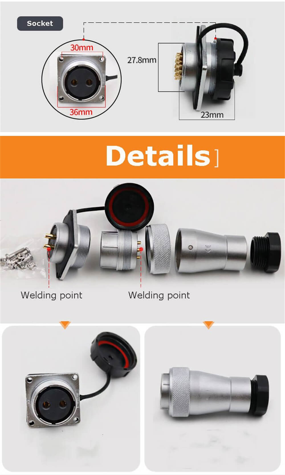 Aviation Connector WF28-2pin TA+Z Straight Male Plug and Square Female Socket Waterproof Connector