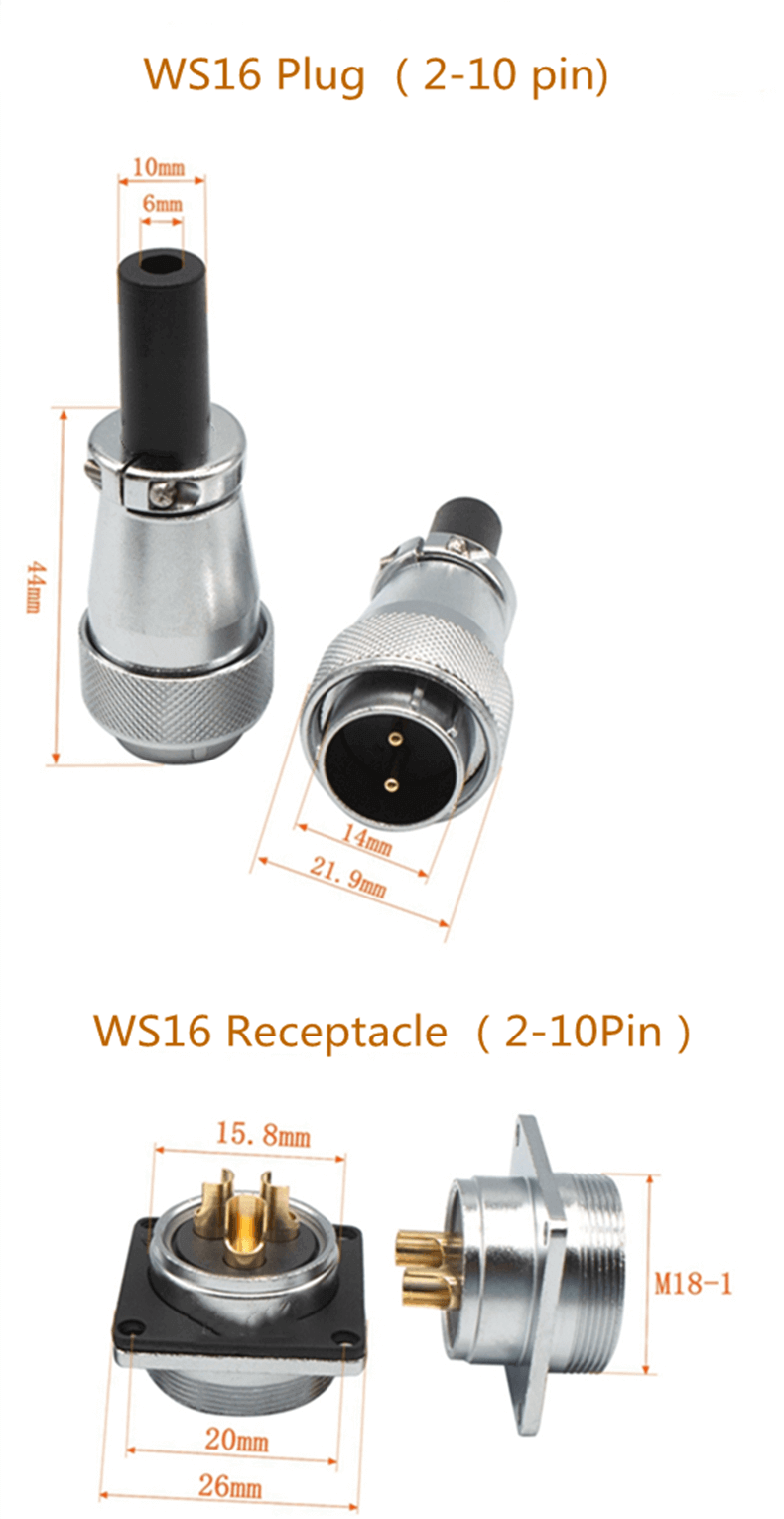 WS16 5pin Industrial Connector, 5core male power cable automotive waterproof connector 5wire solder plug