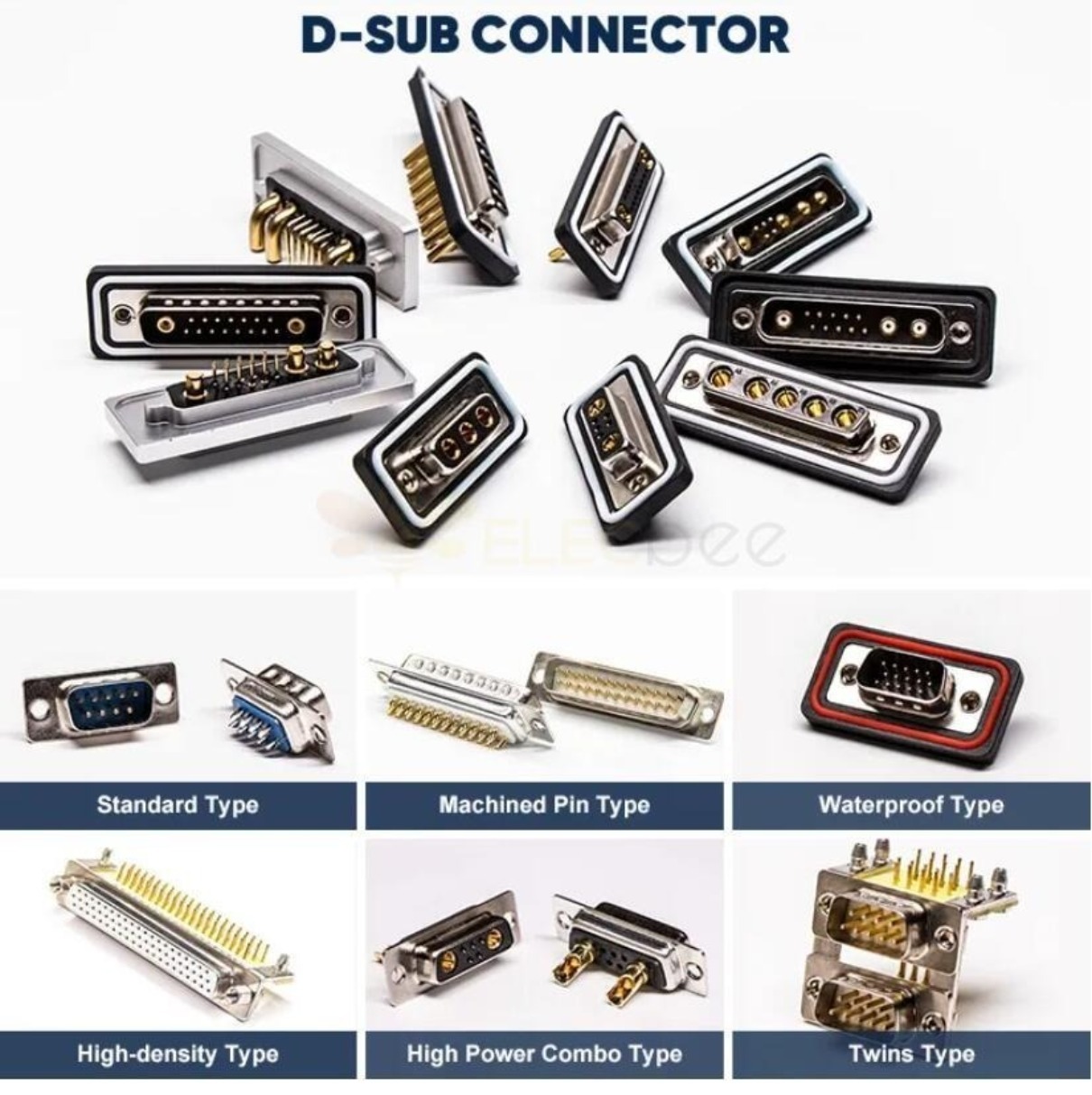 8W8 D-sub Female Right Angled Through Hole 10A 20A 30A 40A Machine pin Single Hole