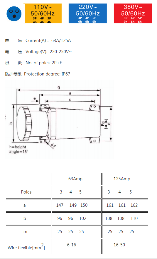 125A 4pin 380V-415V 50/60Hz 4P 6h 3P+E IP67 IEC60309 CEE Industrial Wall Socket