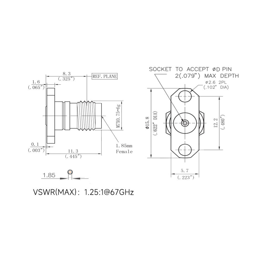 1.85-KFD 1.85mm Female Rf Connector 67Ghz 2-Hole Flange Pcb Mount