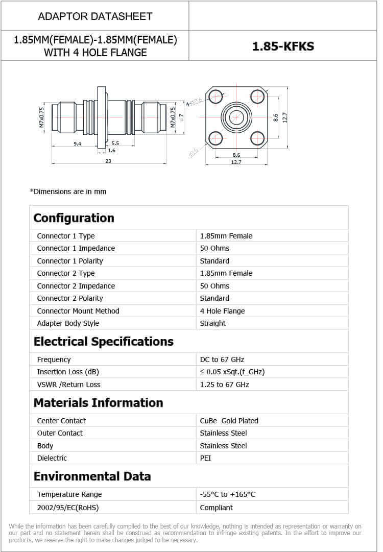 1.85-KFKS 1.85Mm Female To 1.85Mm Female 4-Hole Flange Dc-67Ghz Precision RF Connector