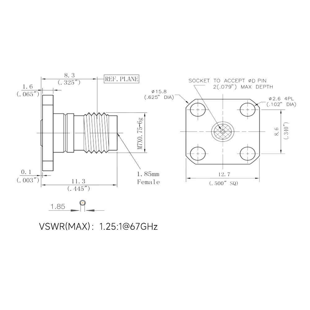 67Ghz Rf Connector 1.85Mm-Kfd 4-Hole Flange Female