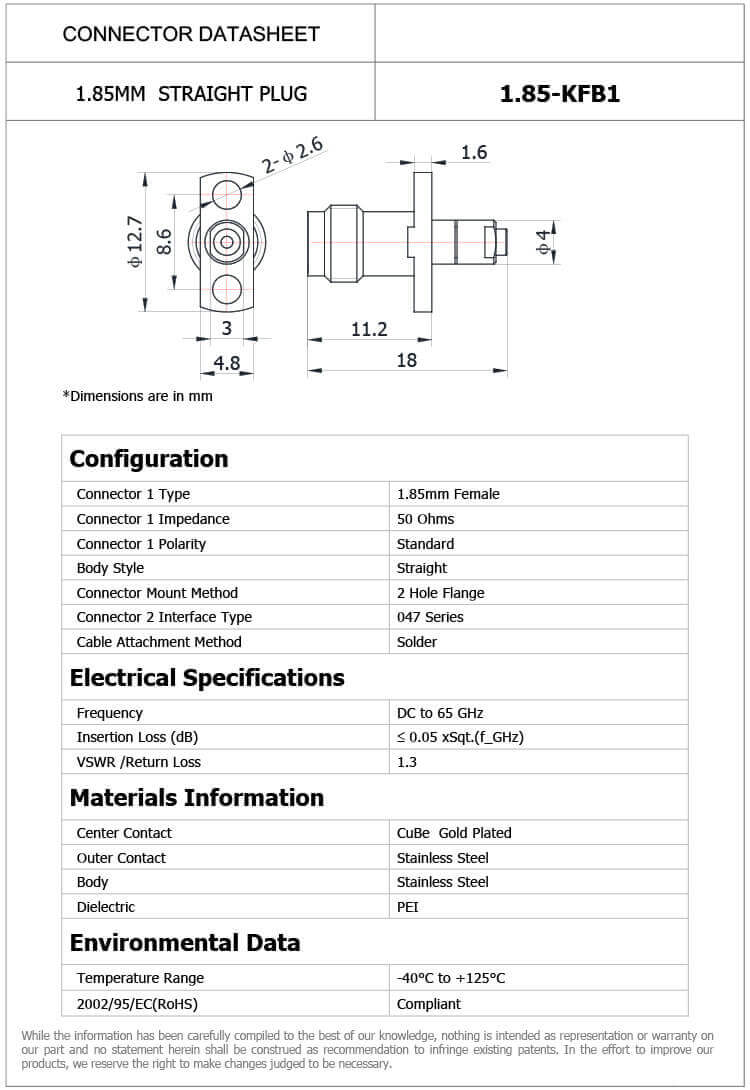 Dc~65G High Frequency For Cable 1.85Mm Rf Coax Connector Female