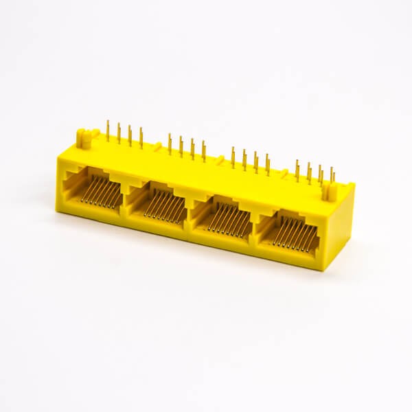 8p8c Socket Yellow Shell 4 Port Angled Unshielded Through Hole PCB Mount Without LED