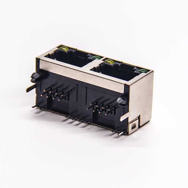 Dual RJ45 Connector PCB Through Hole Right Angled Shielded Jack with LED