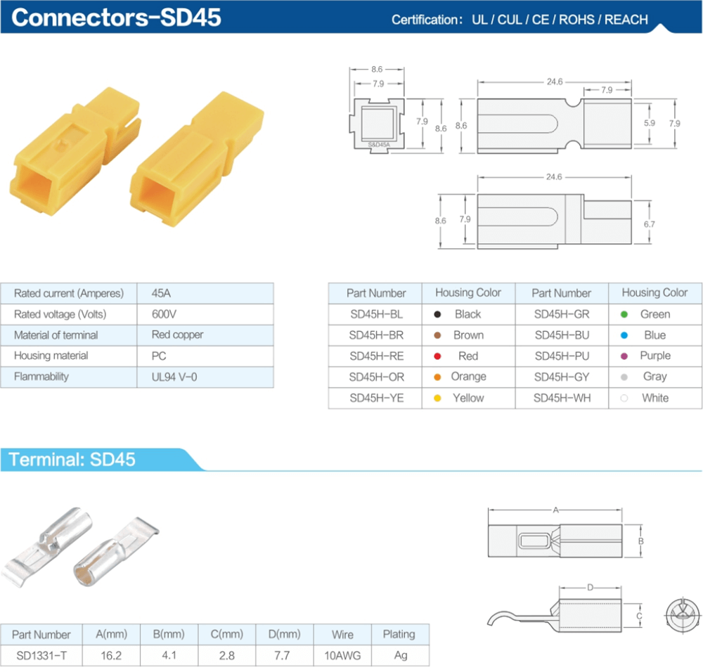 1 Way Power Connector Quick Connect Disconnect 600V 45Amp Battery Cable Connector (Yellow Housing, 10AWG)