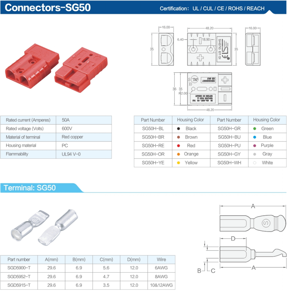 2 Way Power Connector Quick Connect Disconnect 600V 50Amp Battery Cable Connector (Yellow Housing, 6/8/10/12AWG)