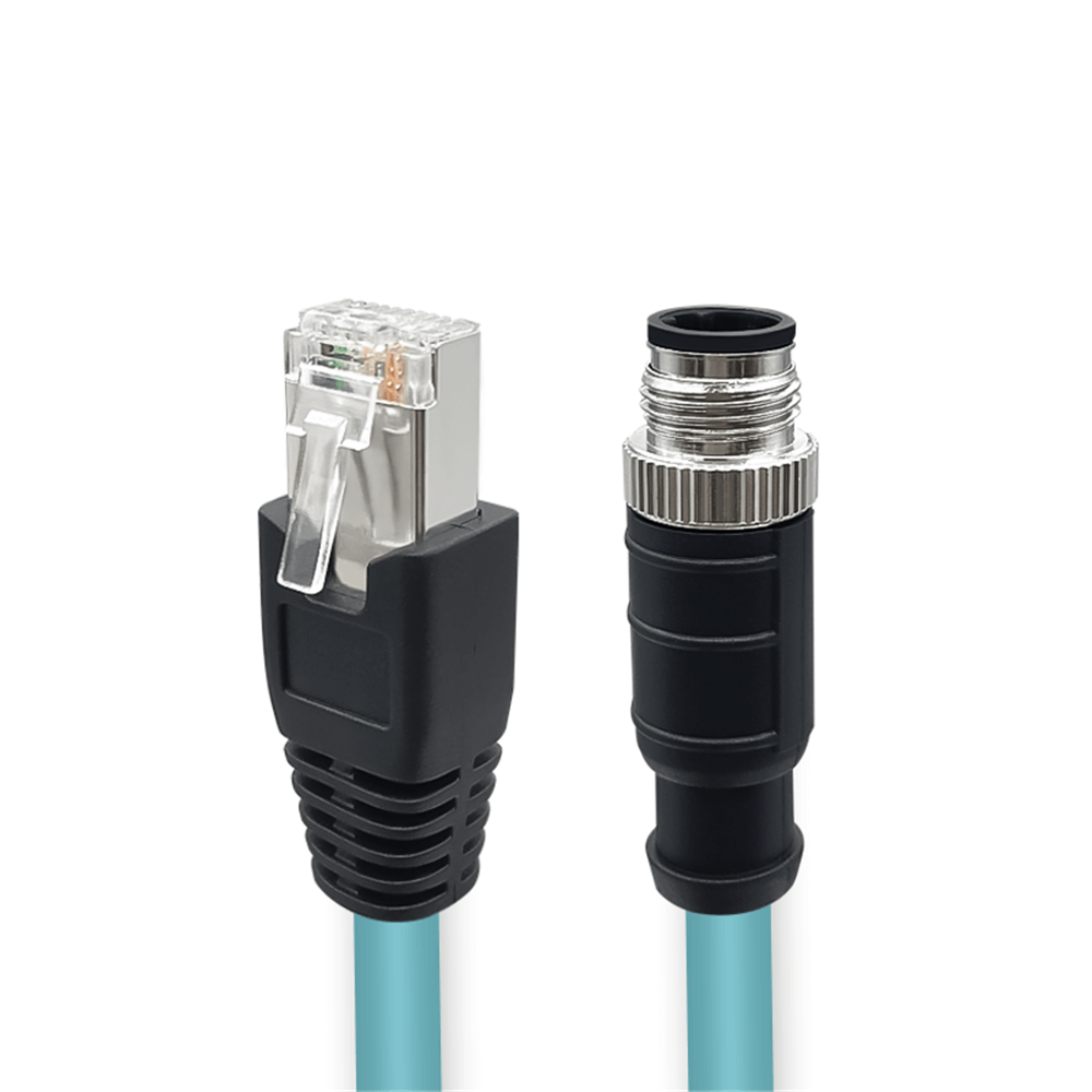 M12 4-pin D Code Female to RJ45 Plug High Flex Cat7 Industrial Ethernet Cable PVC