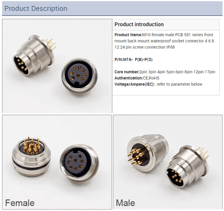 M16 Female Connector 12Pin Straight Waterproof Front Socket Panel Mount for Solder PCB Unshield