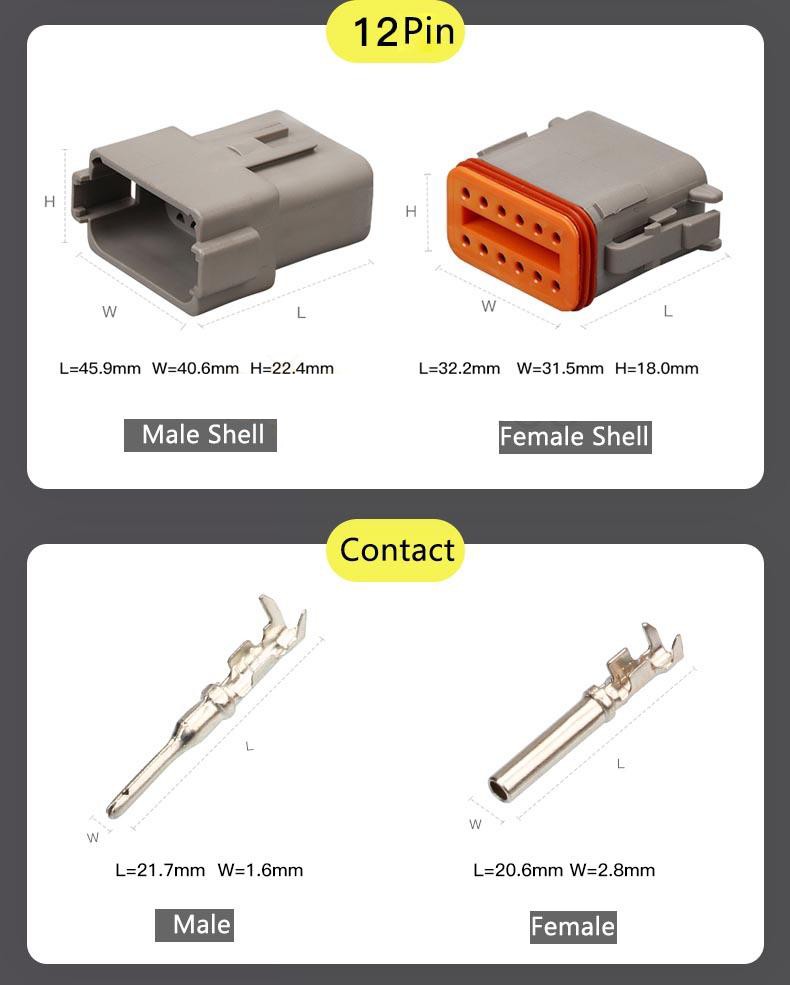 2 Pin Male Plug Shell Auto Waterproof Connector with 1.25mm2 Cable No Contacts Automotive Sealed Electric 14CM DT04-2P