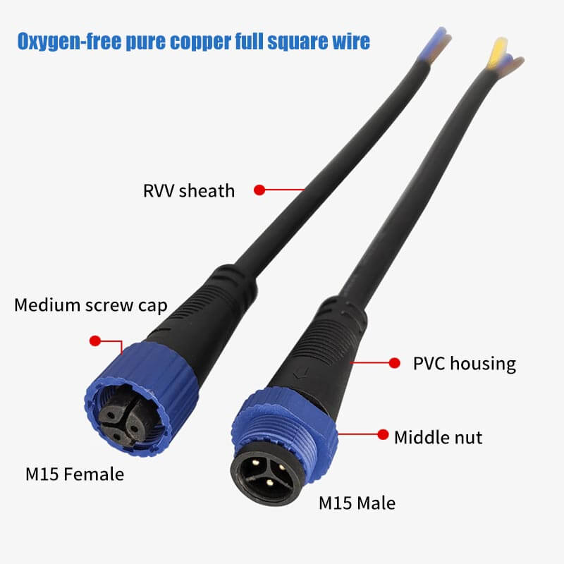 Waterproof Male Female Plug M15 Connector 2Pin Industrial Aviation LED Power Cord Automobile Plug-in 1.5 Square Cable